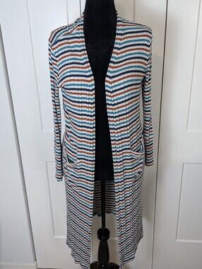 Peyton Jensen Women Striped Ribbed Knit Open Front Cardigan Pockets Size L